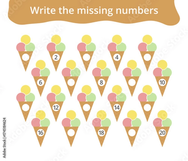 Fototapeta Missing number worksheet for kids with ice cream, count and write numbers from 1 to 20, great for preschool math learning and early number practice.