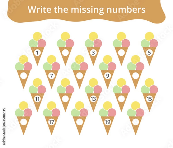 Fototapeta Missing number worksheet for kids with ice cream, count and write numbers from 1 to 20, great for preschool math learning and early number practice.