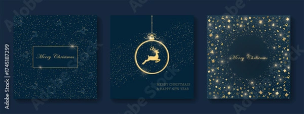 Fototapeta Pack of festive greeting cards with Christmas  ball and dear on dark background. Holiday pattern. Vector illustratio