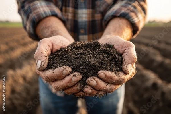 Fototapeta Farmer holds rich, dark soil in his hands, showing the texture. Use this for agriculture or environmental conservation concepts.