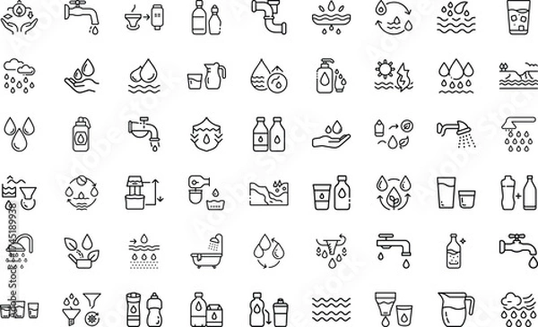 Fototapeta Water Drop And Filtration Resource Elements Outline set. water,drop,mineral,shower,bottle,filtration,source,fresh,glass,clean,protection Vector Icon On White Background  