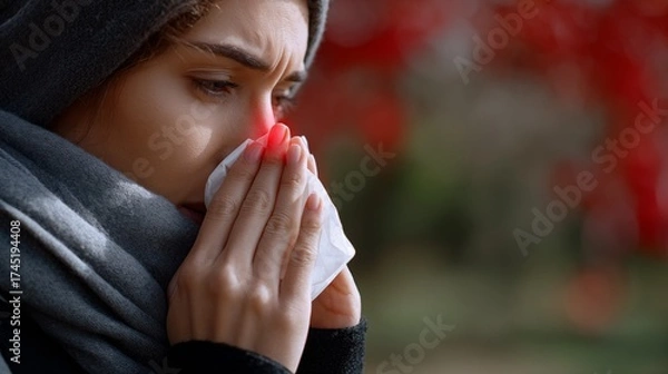 Fototapeta Woman with runny nose blowing into tissue outdoors in autumn, close up profile in scarf