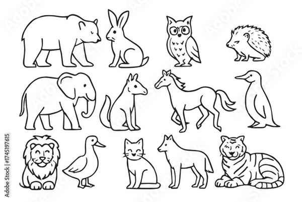 Fototapeta Collection of hand drawn outline animals for childrens educational content