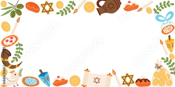 Fototapeta A rectangular frame with dreidels, donuts, an olive branch, and candles.