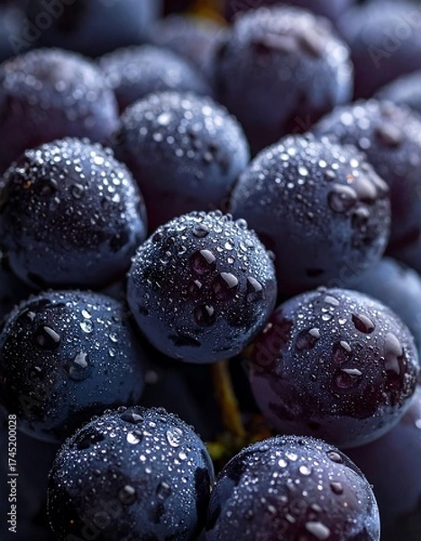 Fototapeta Close-up of a cluster of dark purple grapes covered in water droplets