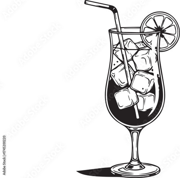 Fototapeta Refreshing tall glass filled with ice cubes and drink topped with lime and straw hand drawn sketch style