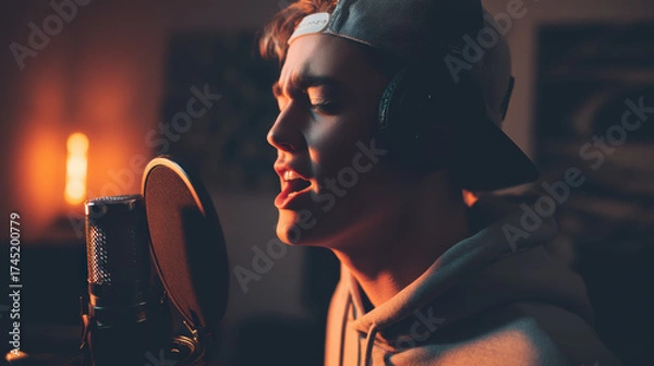 Obraz Young man singing into a microphone with a hat on