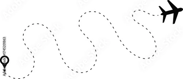 Fototapeta airplane Route icon dotted line with location symbol. Travel from start point to destination. flying plane with twisted. Dotted line route with location pin
