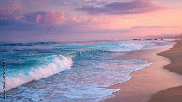 Fototapeta The ocean is calm and the sky is a beautiful pink color