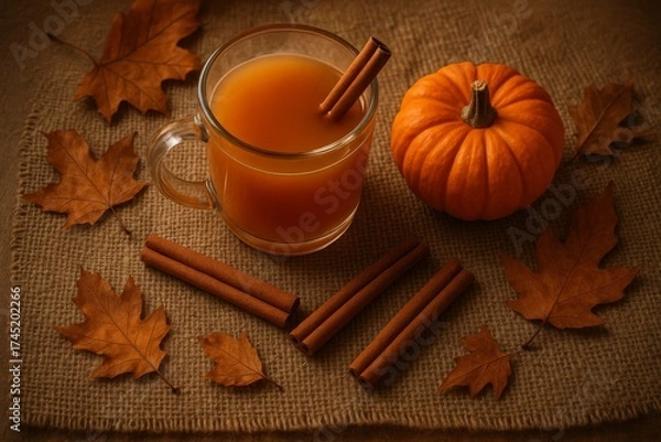 Fototapeta Glass of pumpkin drink with cinnamon sticks and autumn leaves on burlap fabric, cozy fall composition.