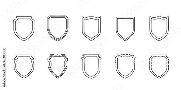 Fototapeta Set of blank shield outline icons. Collection of heraldic badge shapes, black linear emblems, frames or coat of arms templates for logo, label, or security symbol design. Editable Stroke
