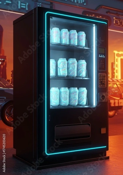 Obraz Modern Vending Machine with Illuminated Neon Frame Displaying Cans in Urban Night Setting