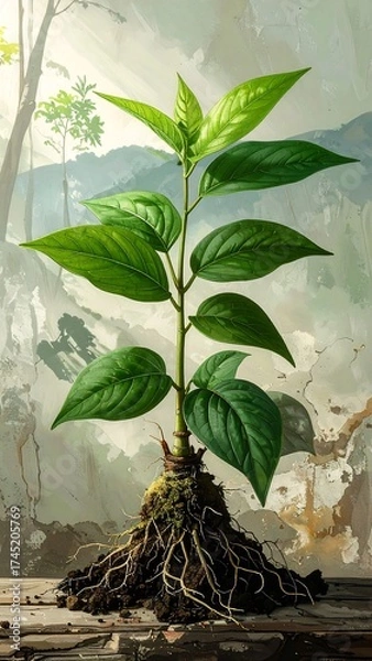 Fototapeta A vibrant young plant sprouts from the earth, bathed in sunlight.  Its lush green leaves extend upward against a backdrop of misty mountains and trees.  Roots anchor the plant firmly in the ground