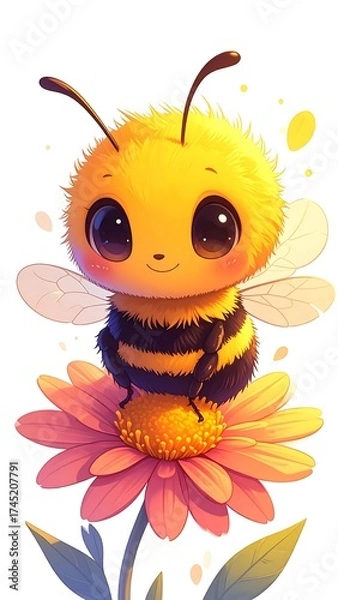 Fototapeta Cute bee on a flower.  Fluffy, stylized bee with large eyes, perched on a pink flower.  Soft colors, happy expression.  Light background