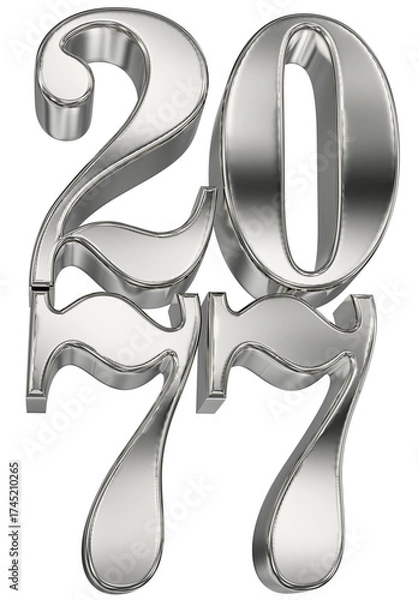 Obraz Glossy chrome 3D numbers '2077' reflecting light, representing future events, new year, and innovation.