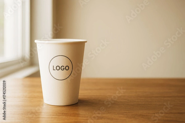 Fototapeta Blank coffee cup with customizable logo, placed on wooden table near window, minimalistic design, warm and simple aesthetic, copy space.