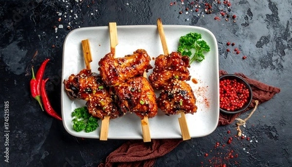 Fototapeta Grilled chicken skewers on a white plate, garnished with herbs and spices, on a dark background