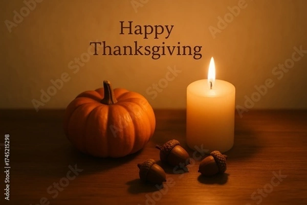 Fototapeta Pumpkin candle and acorns with Happy Thanksgiving text on wooden table, autumn holiday decoration with warm light.