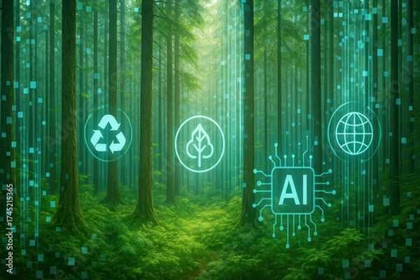 Fototapeta AI and environmental icons in a lush green forest with digital overlay artificial intelligence nature