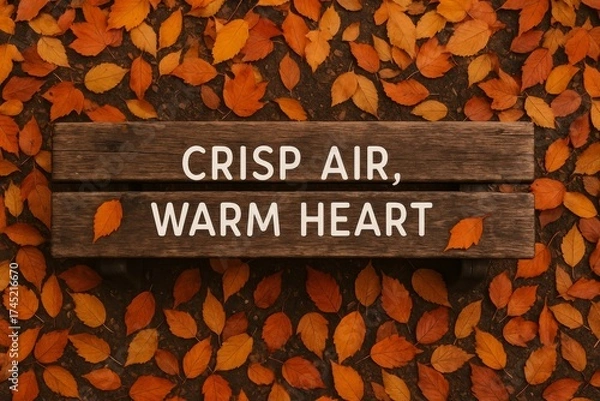 Fototapeta Wooden bench with the phrase Crisp Air, Warm Heart surrounded by colorful autumn leaves on the ground.
