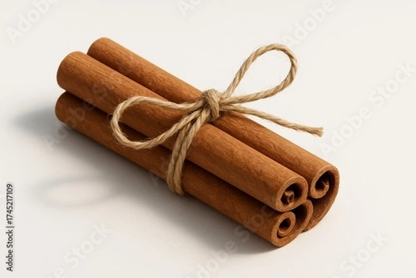 Fototapeta Cinnamon sticks tied with twine, close-up natural spice on white background.