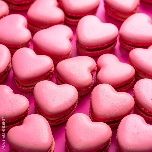 Fototapeta Heart-shaped pink macarons arranged closely on a pink surface