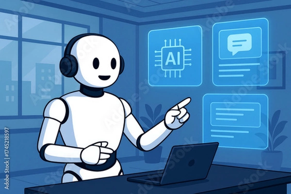 Fototapeta Cartoon robot with headphones interacting with AI and chat icons artificial intelligence character