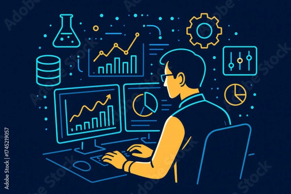 Fototapeta Data Scientist Analyzing Trends on Computer Screens with Scientific and Data Icons charts graphs