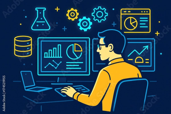 Fototapeta Data Analyst Working on Computer with Charts and Graphs and Scientific Icons 