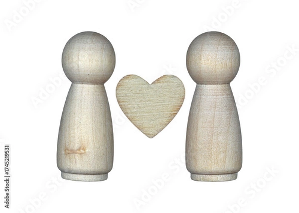 Fototapeta Wooden figures representing love and connection with a heart icon between them in a minimalist style