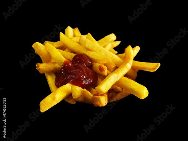 Fototapeta Perfectly golden French fries topped with rich red ketchup on a dark background