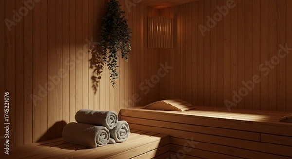 Obraz Warm Wooden Sauna Room with Towel Rolls and Soft Lighting for Relaxation