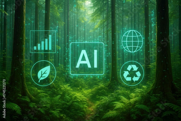 Fototapeta Futuristic AI technology overlay on a lush green forest with digital icons representing sustainability and data