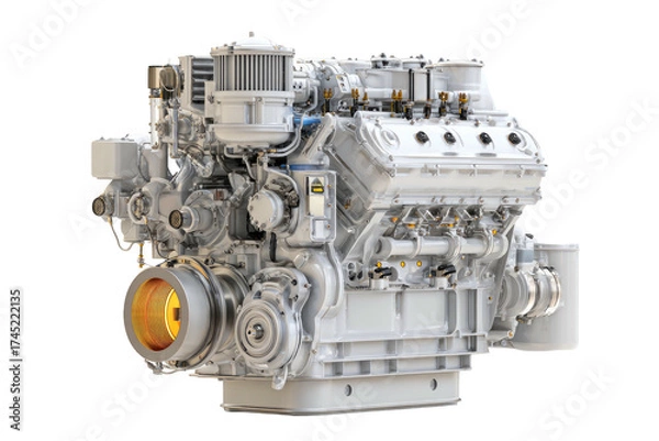 Fototapeta A detailed, isolated image of a complex, white, industrial diesel engine