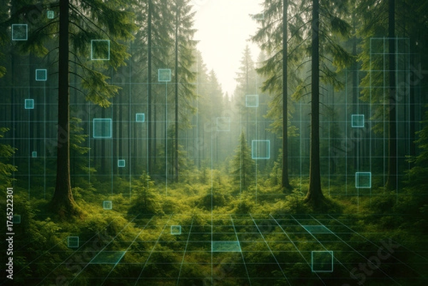 Fototapeta Futuristic Forest Landscape with Digital Grid Overlay and Data Squares