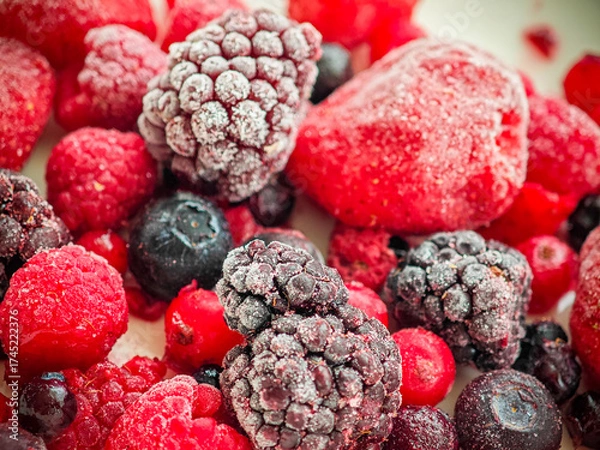 Fototapeta Assorted frozen berries including strawberries, raspberries, blackberries, and blueberries on a white surface