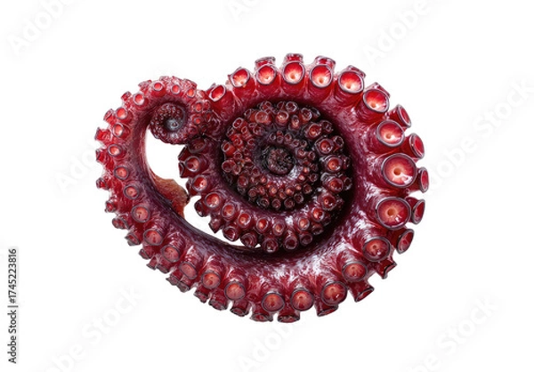 Fototapeta A close-up shot displays a spiral, curling tentacle segment from a deep red octopus