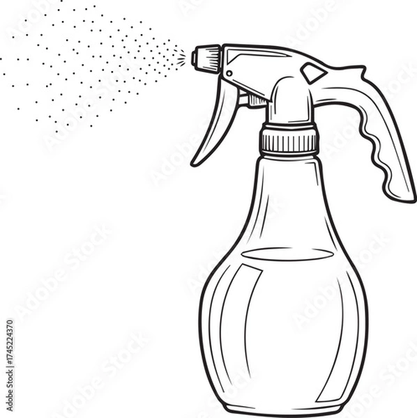 Fototapeta Sketch of a spray bottle with a liquid and spray emitting from the nozzle on a clean background