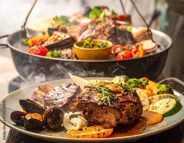 Fototapeta Gourmet grilled meats and vegetables on a plate, with a large shared cooking pot in the background