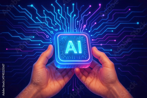 Fototapeta Hands Holding a Glowing AI Chip with Neon Blue and Pink Edges artificial intelligence processor