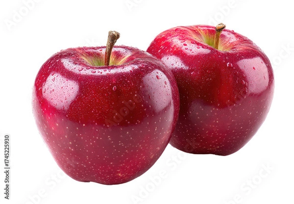 Obraz Two close-up, vibrant red apples with stems against a stark black background