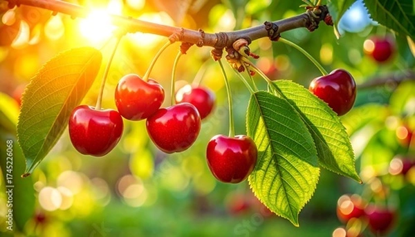 Fototapeta Ripe cherries hang from branches in a sunlit orchard
