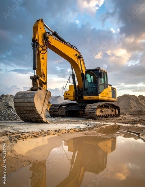 Fototapeta A large yellow excavator sits in a muddy puddle, its reflection visible in the water.  The machine is positioned on a construction site, with a cloudy, golden sky in the background
