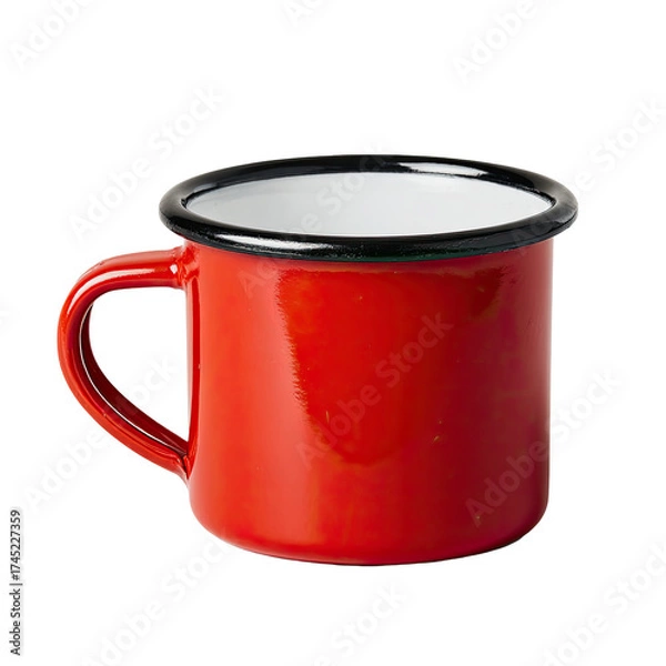 Fototapeta A vibrant red, enamel mug with black trim, handle attached, set against a solid black backdrop