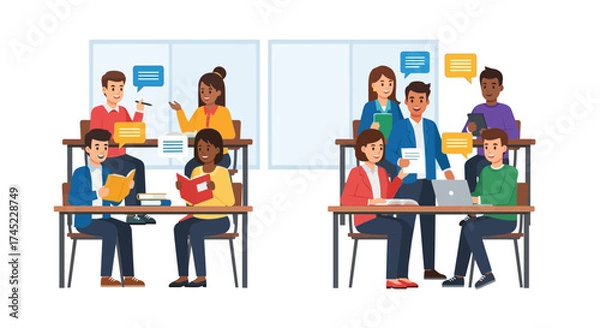 Fototapeta Diverse group of students engaged in classroom learning and discussion.