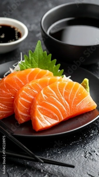Fototapeta Fresh salmon sashimi on a black plate, with soy sauce and perilla garnish
