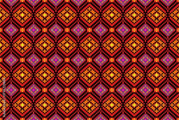 Fototapeta Bright geometric pixel art seamless pattern in warm orange and red tones with tribal inspiration, ideal for ethnic textiles, digital backgrounds, and bohemian home decor.