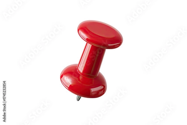 Fototapeta Glossy red pushpin against a black backdrop, with a cylindrical body and rounded head