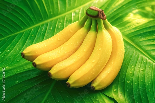 Obraz Fresh yellow bananas with water droplets on glossy green leaf, vibrant tropical food background and healthy concept — generative AI
