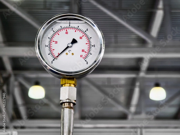 Fototapeta Pressure gauge measures force in industrial setting showcasing equipment functionality and design clarity